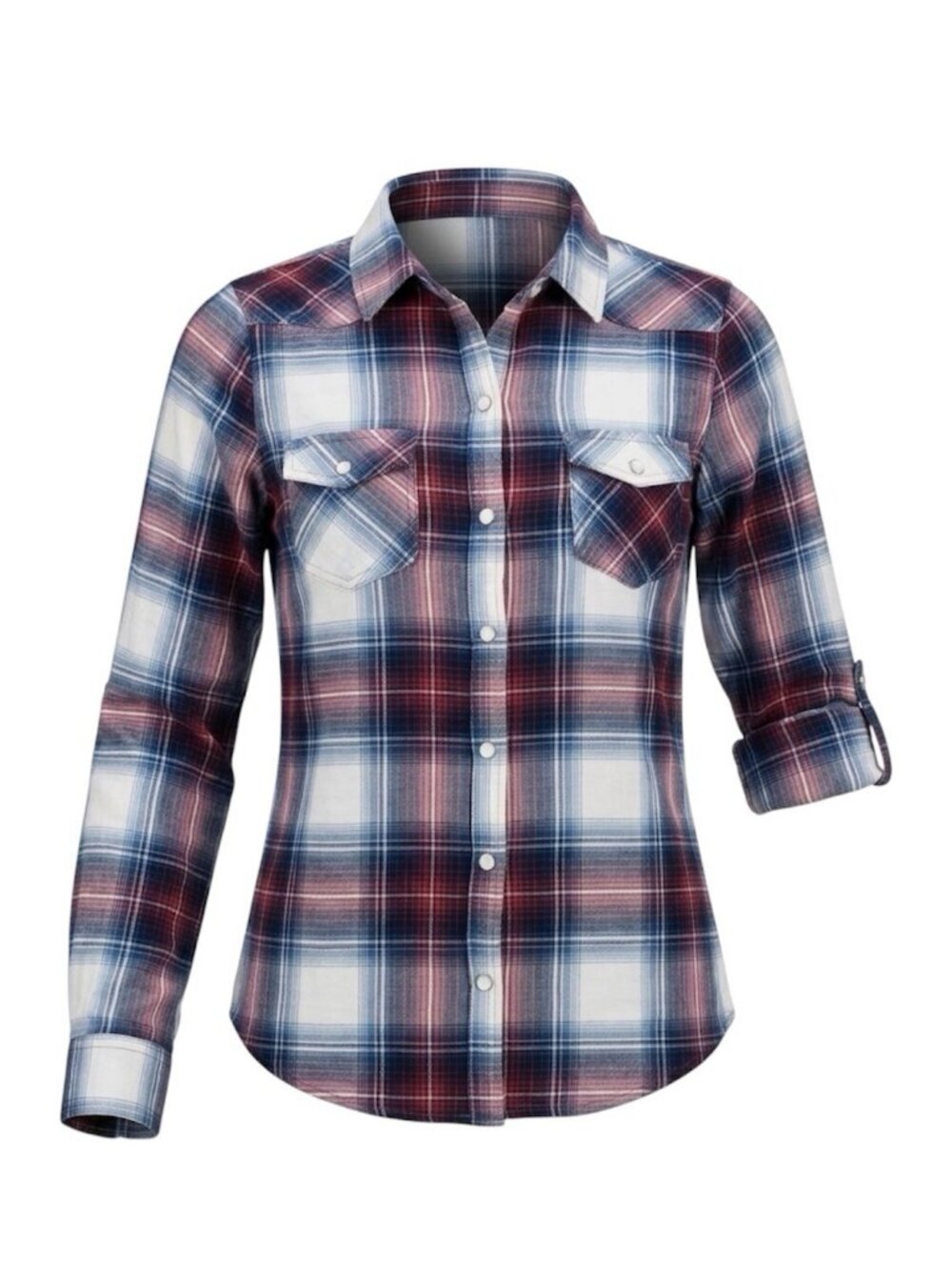 Passport Womens Plaid Pearl Snap Western Shirt Size M Roll Tab Long Sleeve